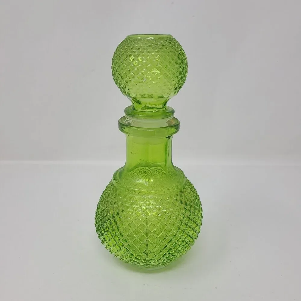 Vintage MCM Green Glass Genie Bottle Decanter Diamond Cut Textured 1970s